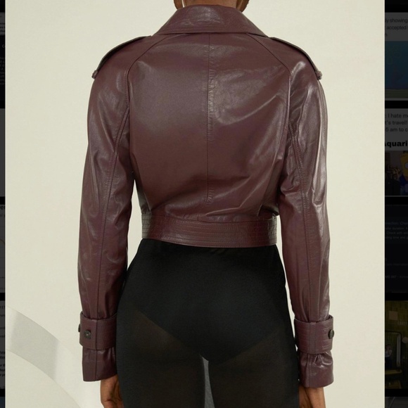Karen Millen Plum Leather Cropped Bomber Jacket in Size 6 - Picture 7 of 7